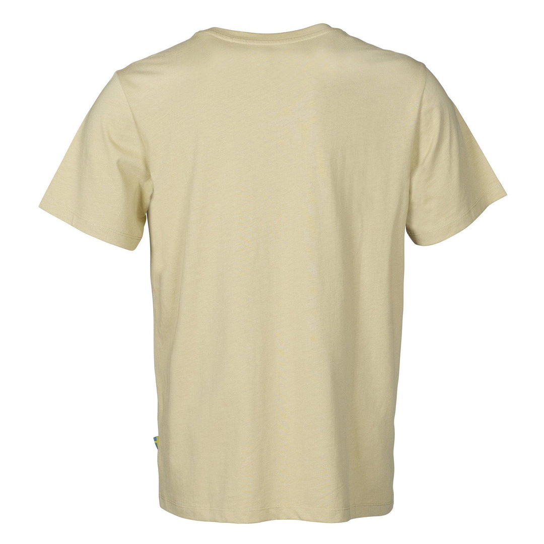 Beige t-shirt med sedd bakifrån.